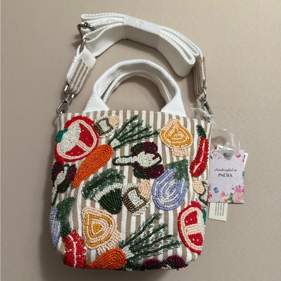 Handcrafted in India Handbags - Handcrafted in India Beaded Bag Canvas Tote Vegetables w/ Tan & White Stripes